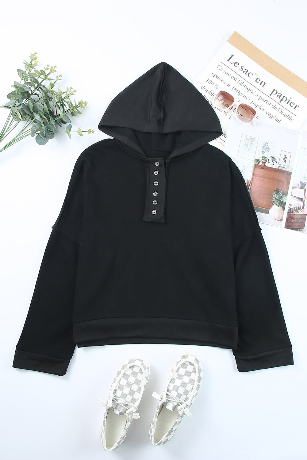 Quarter-Button Exposed Seam Dropped Shoulder Hoodie