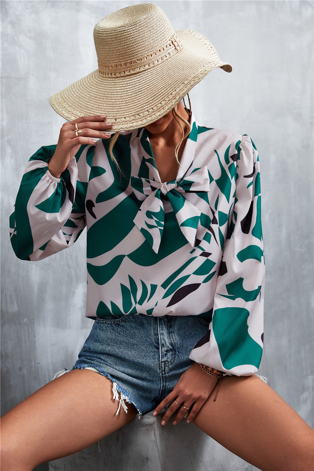 Printed Tie Neck Puff Sleeve Blouse