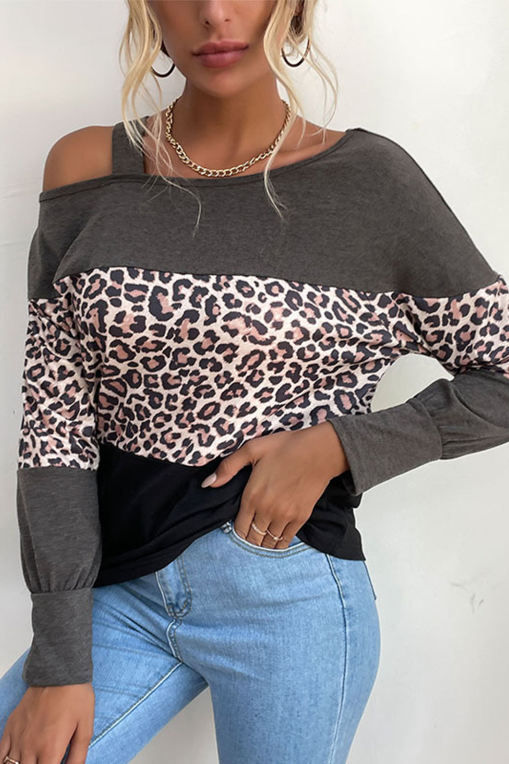 Leopard Print Color Block Cold  Shoulder Top