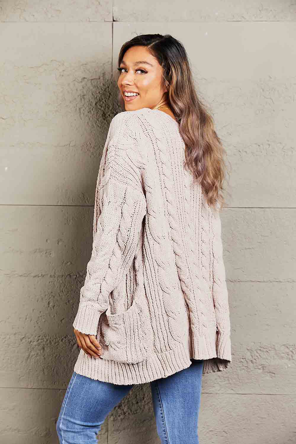 Woven Right Cable-Knit Open Front Cardigan with Front Pockets