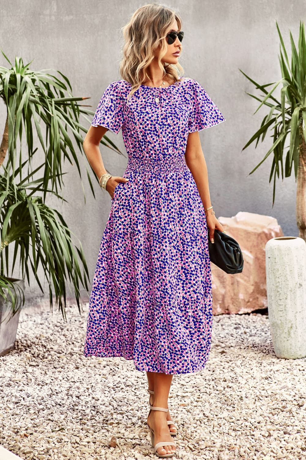 Floral Puff Sleeve Tiered Midi Dress