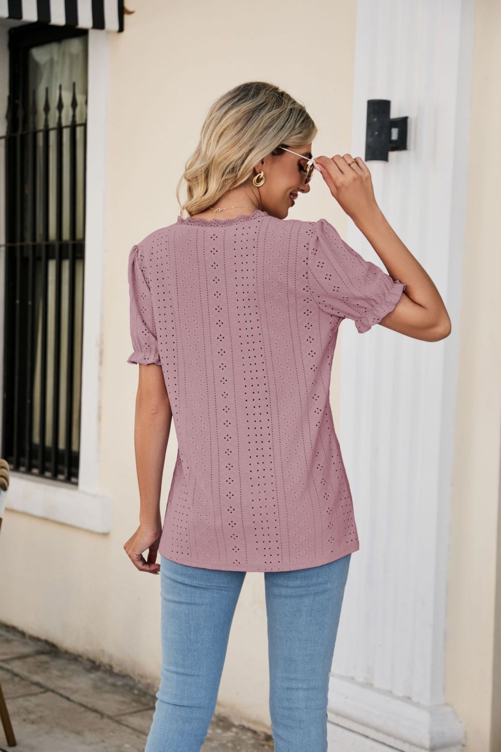 Eyelet Flounce Sleeve Scalloped V-Neck Top