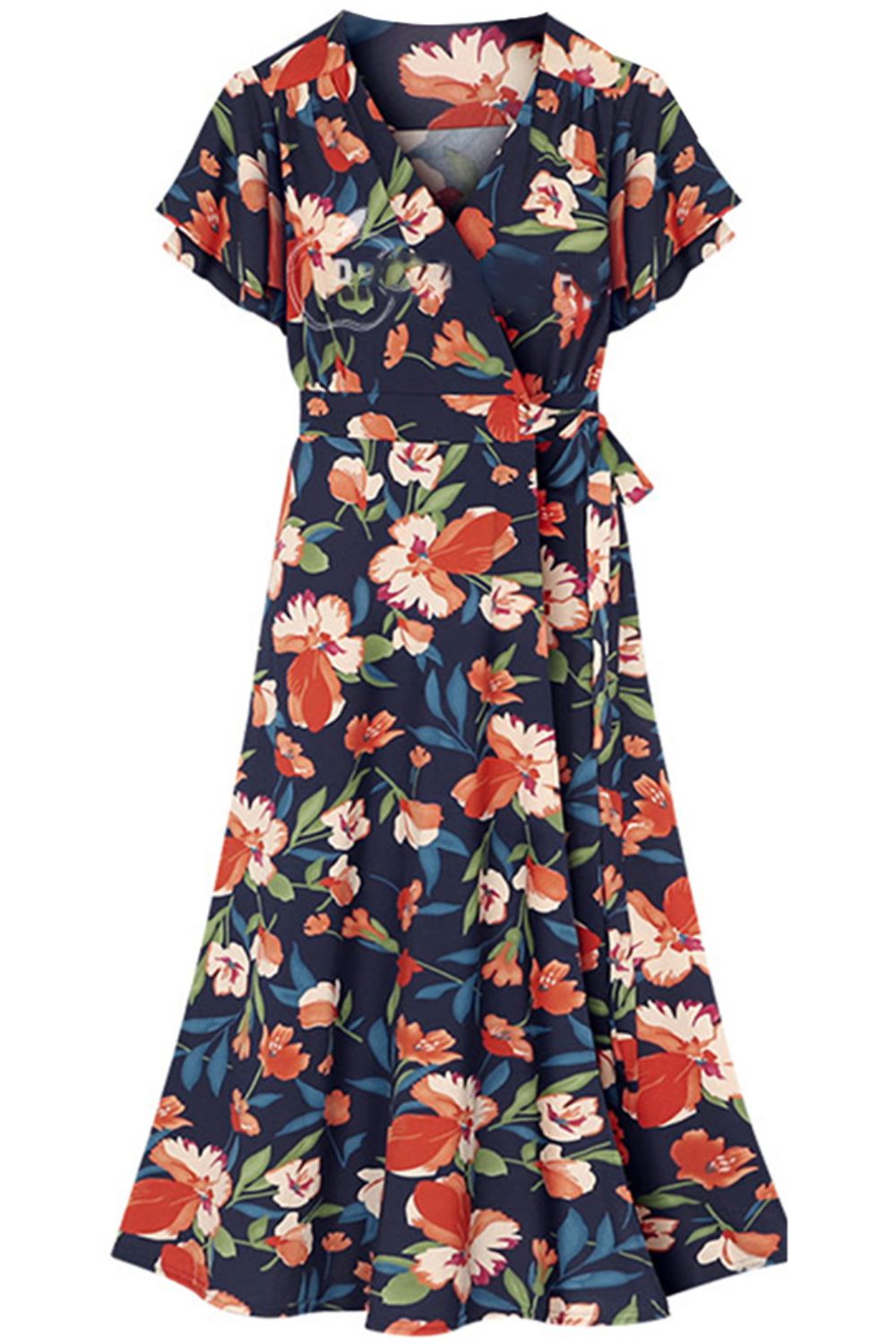 Plus Size Floral Surplice Neck Flutter Sleeve Dress