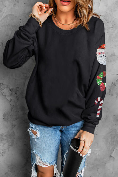 Sequin Christmas Element  Round Neck Sweatshirt