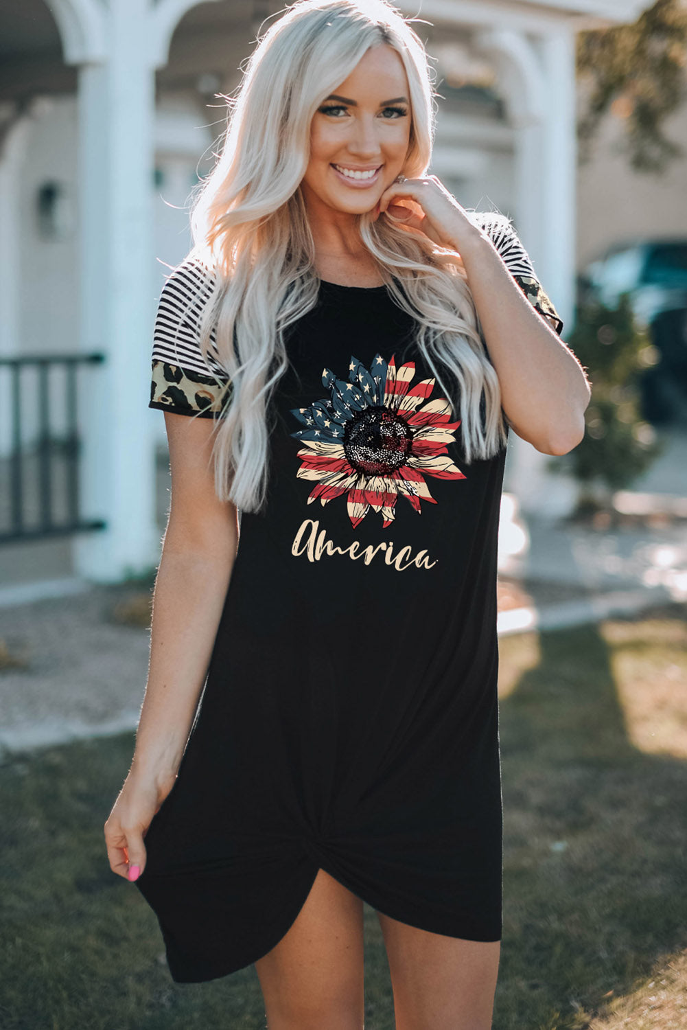 AMERICA US Flag Flower Graphic Twisted Dress