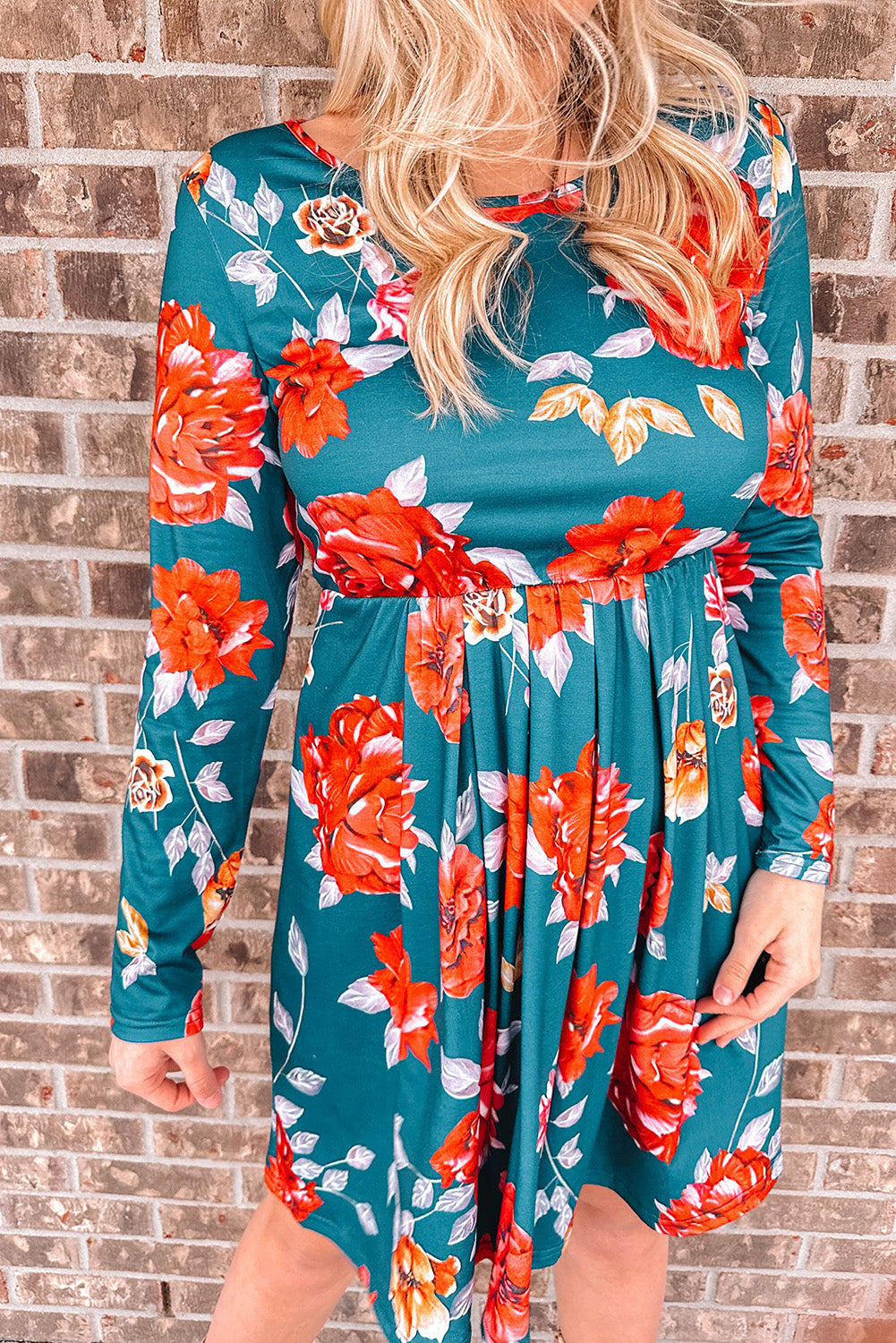 Floral Long Sleeve Pleated Detail Dress