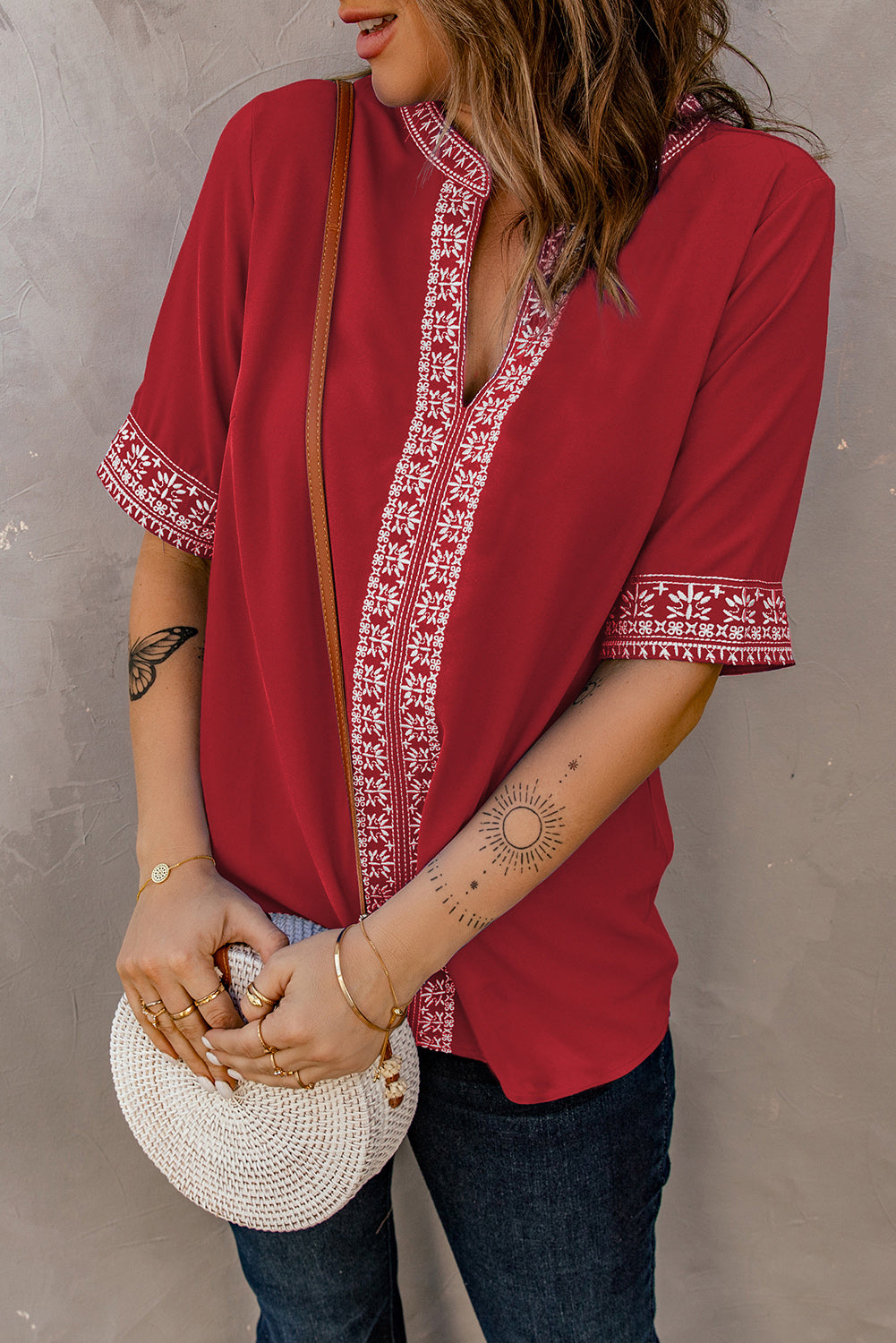 Embroidered V-Neck Top