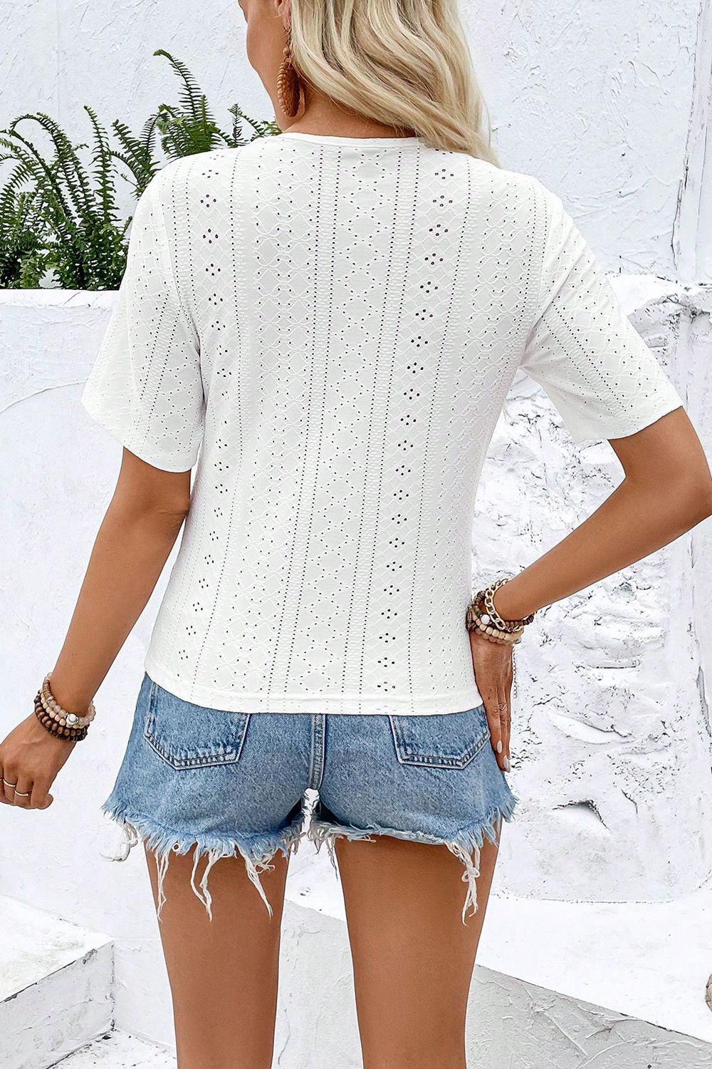 Twisted Front Short Sleeve Eyelet Blouse