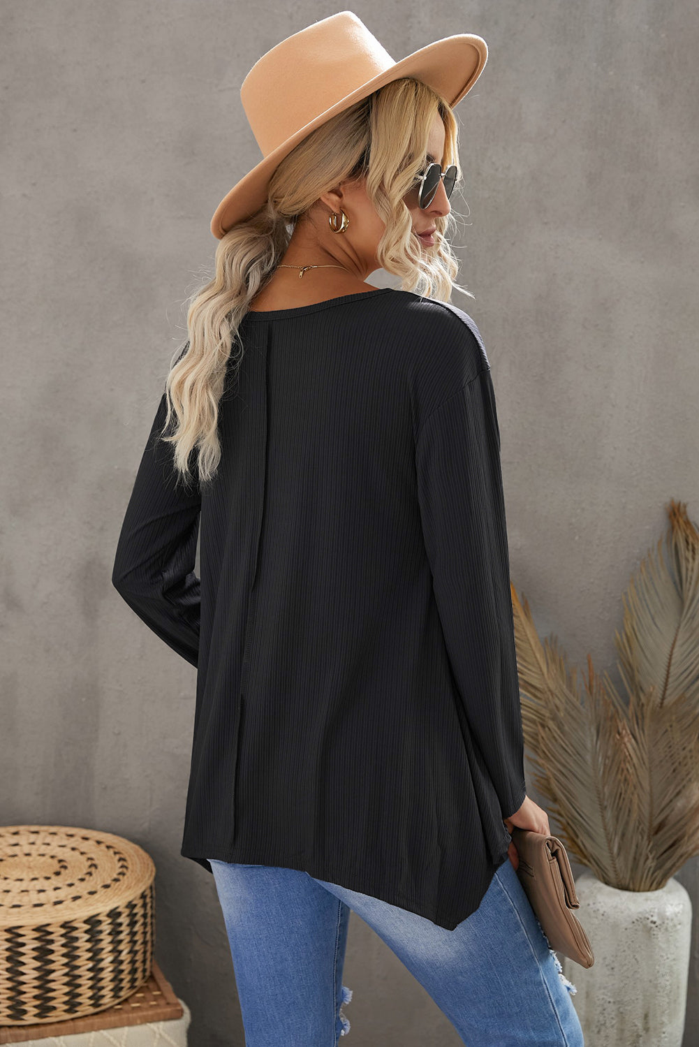 Notched Neck Asymmetric Hem Top