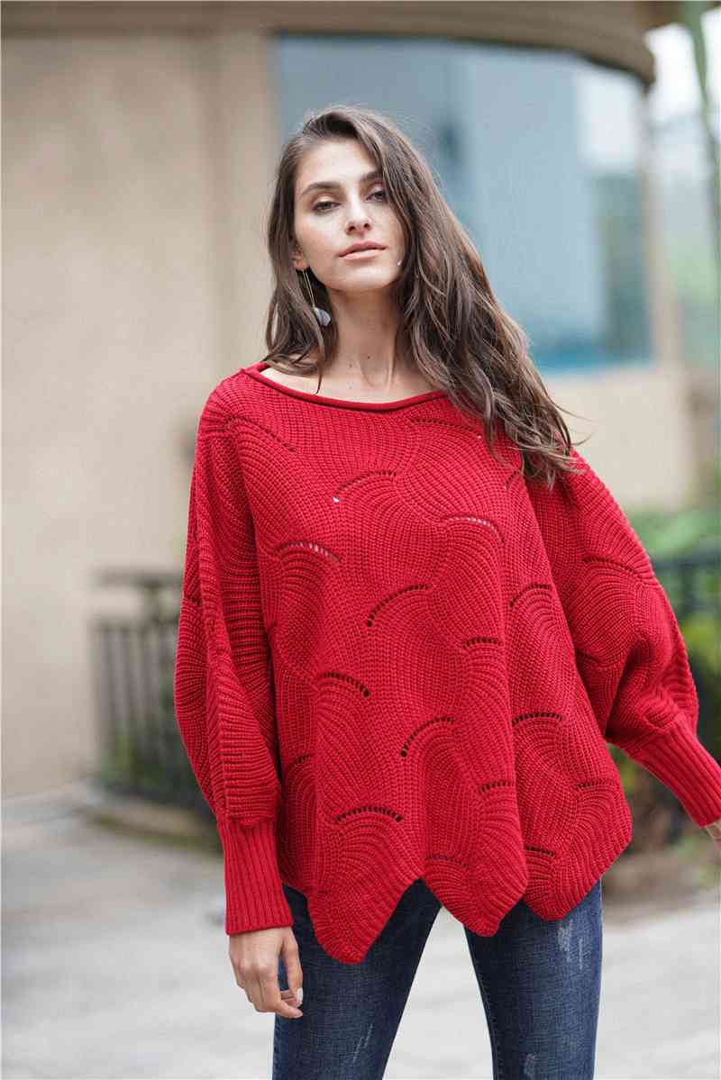 Double Take Openwork Boat Neck Sweater with Scalloped Hem