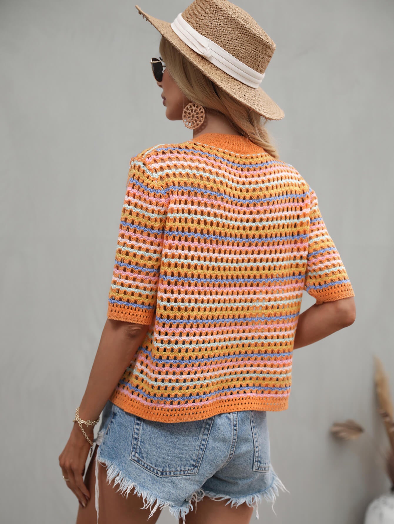 Striped Openwork Half Sleeve Knit Top