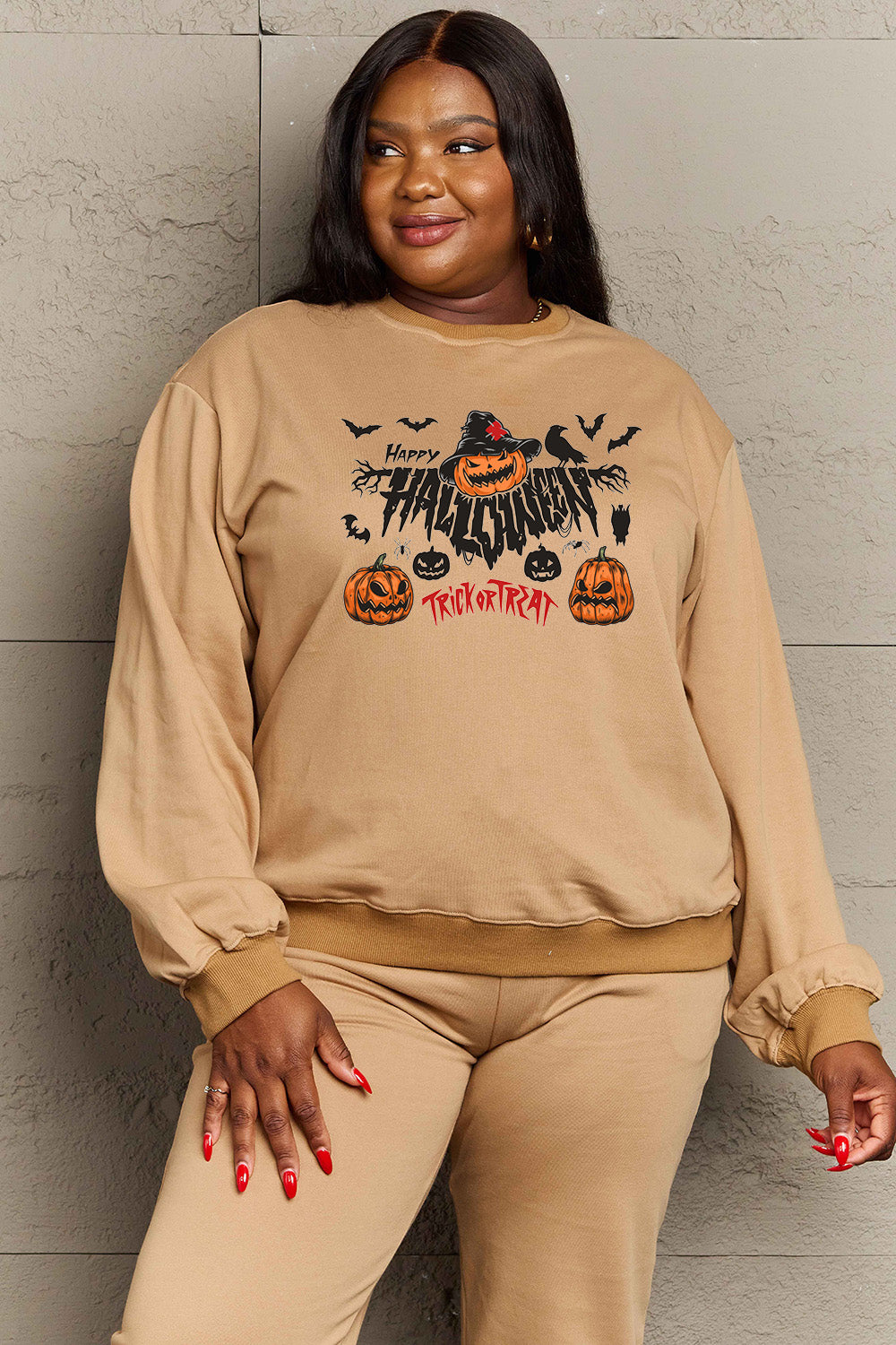 Simply Love Full Size HAPPY HALLOWEEN TRICK OR TREAT Graphic Sweatshirt