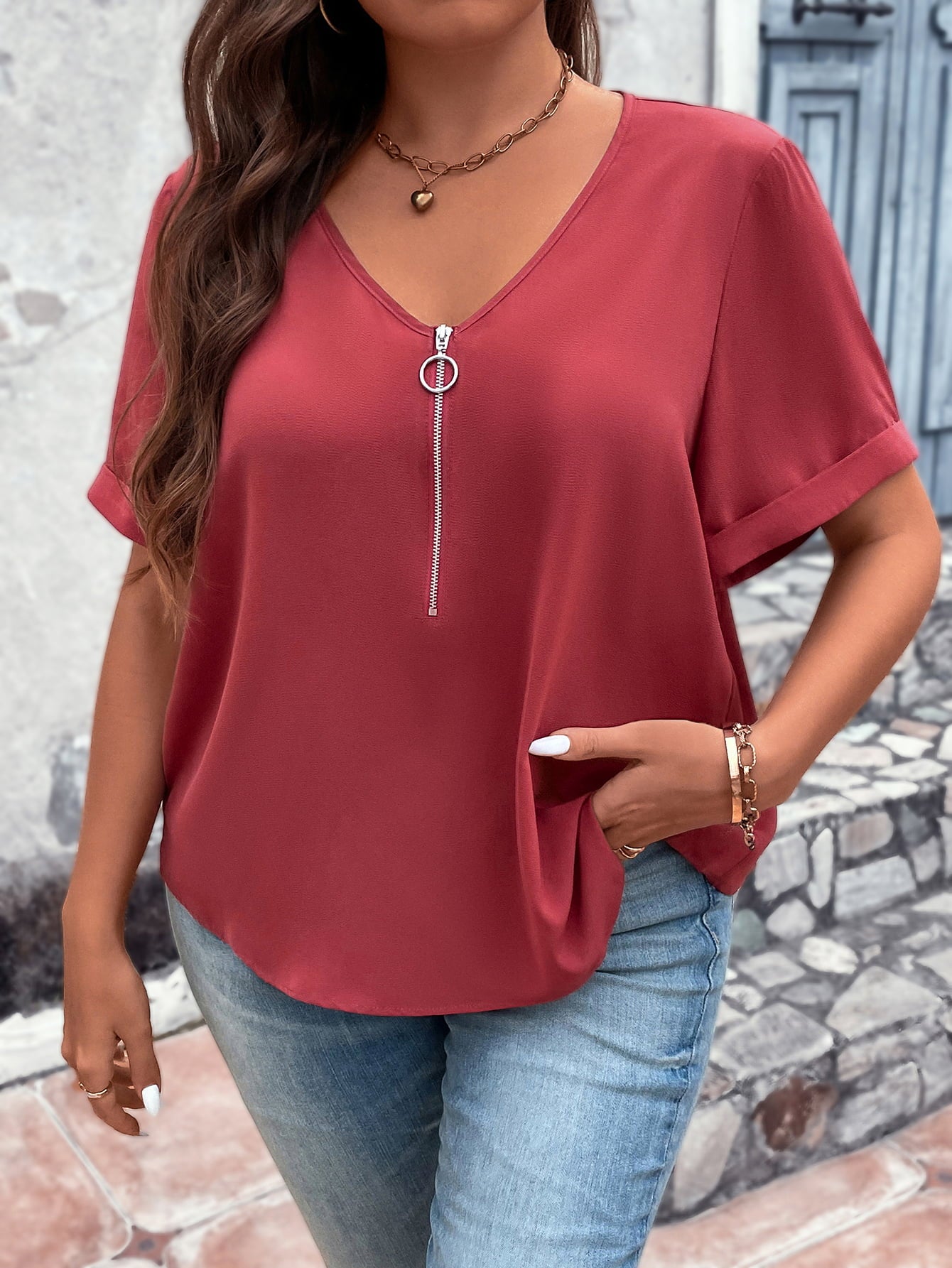 Plus Size V-Neck Short Sleeve Blouse with Zipper