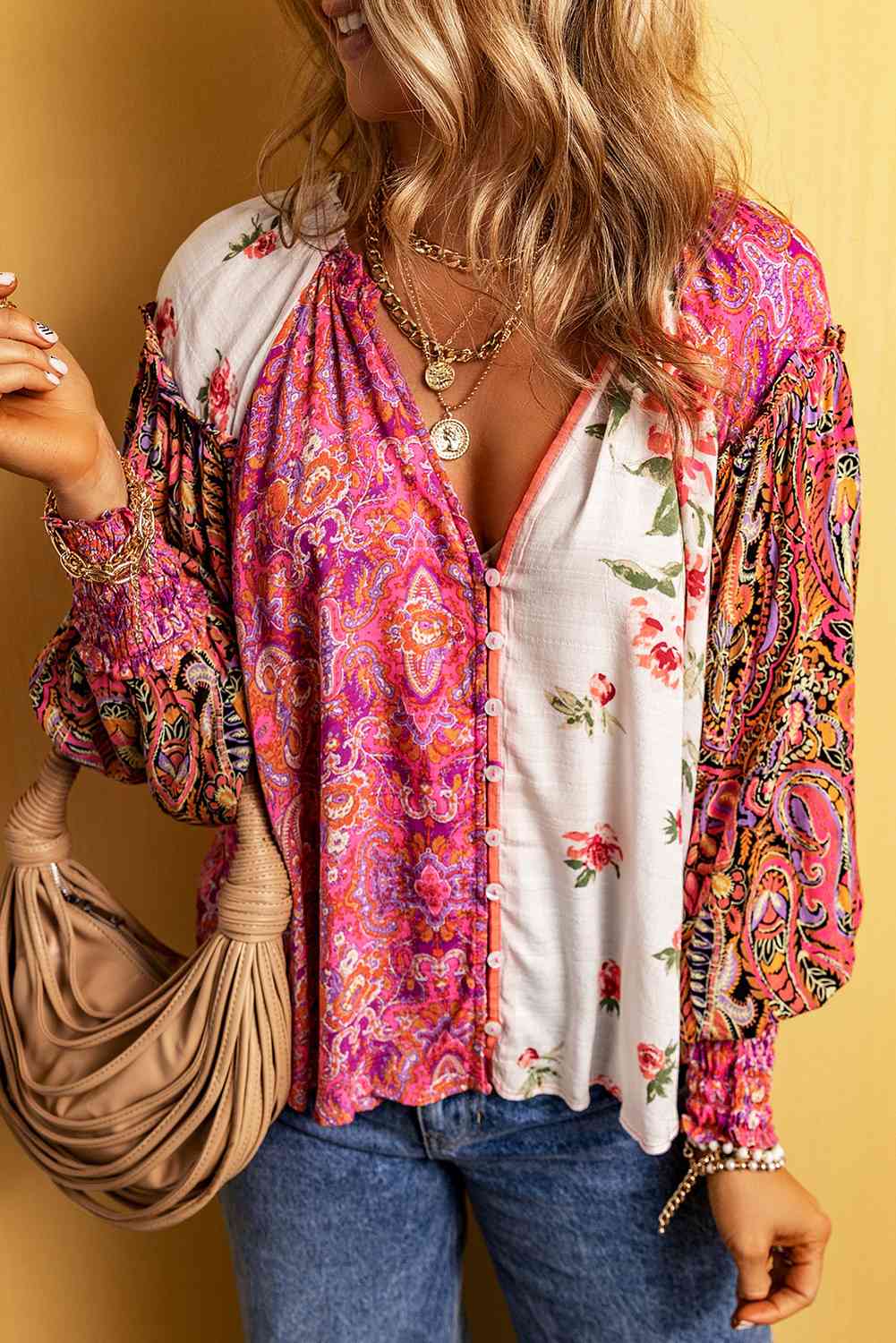 Multicolor Floral Notched Neck Lantern Sleeve Blouse