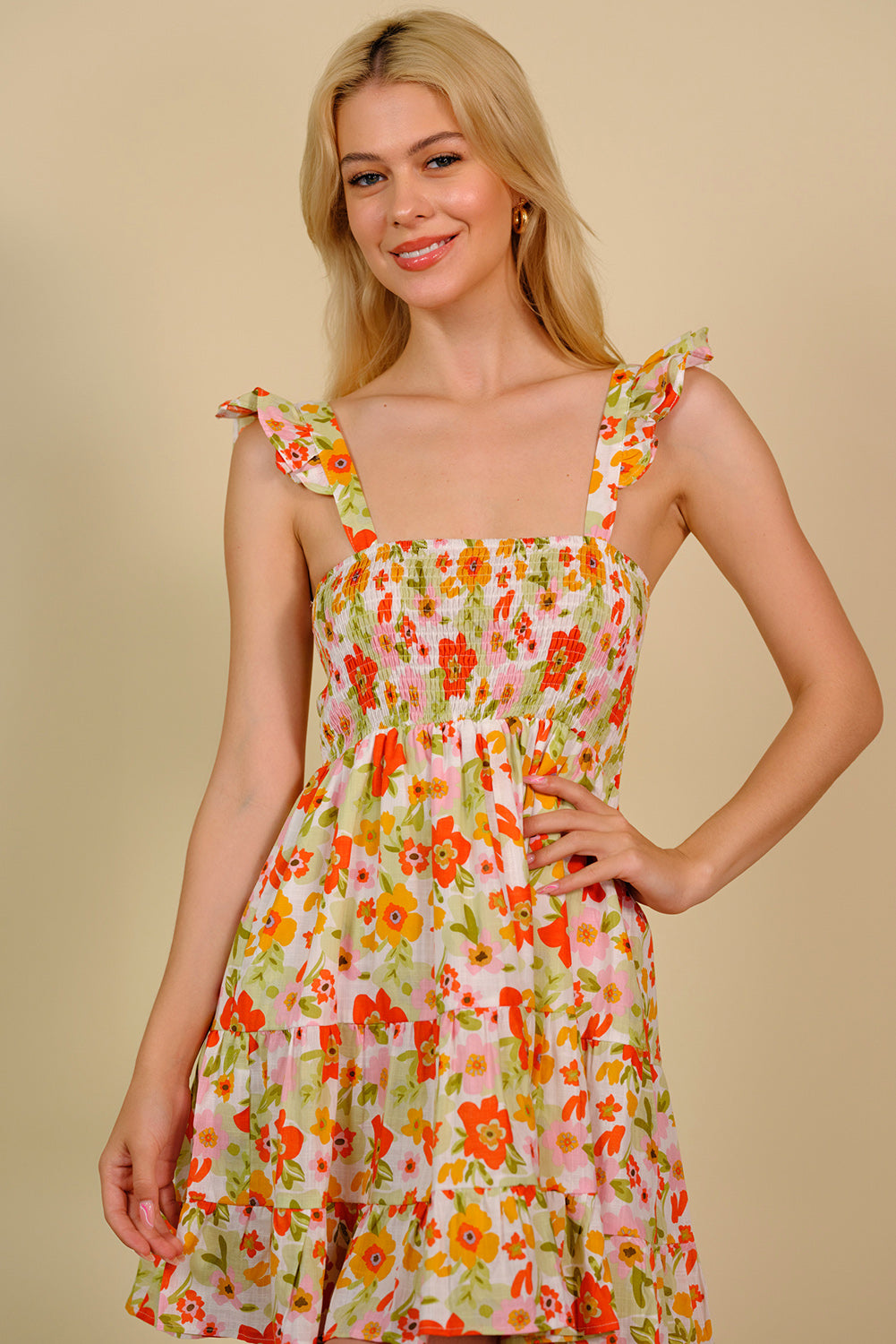 Floral Smocked Square Neck Mini Dress