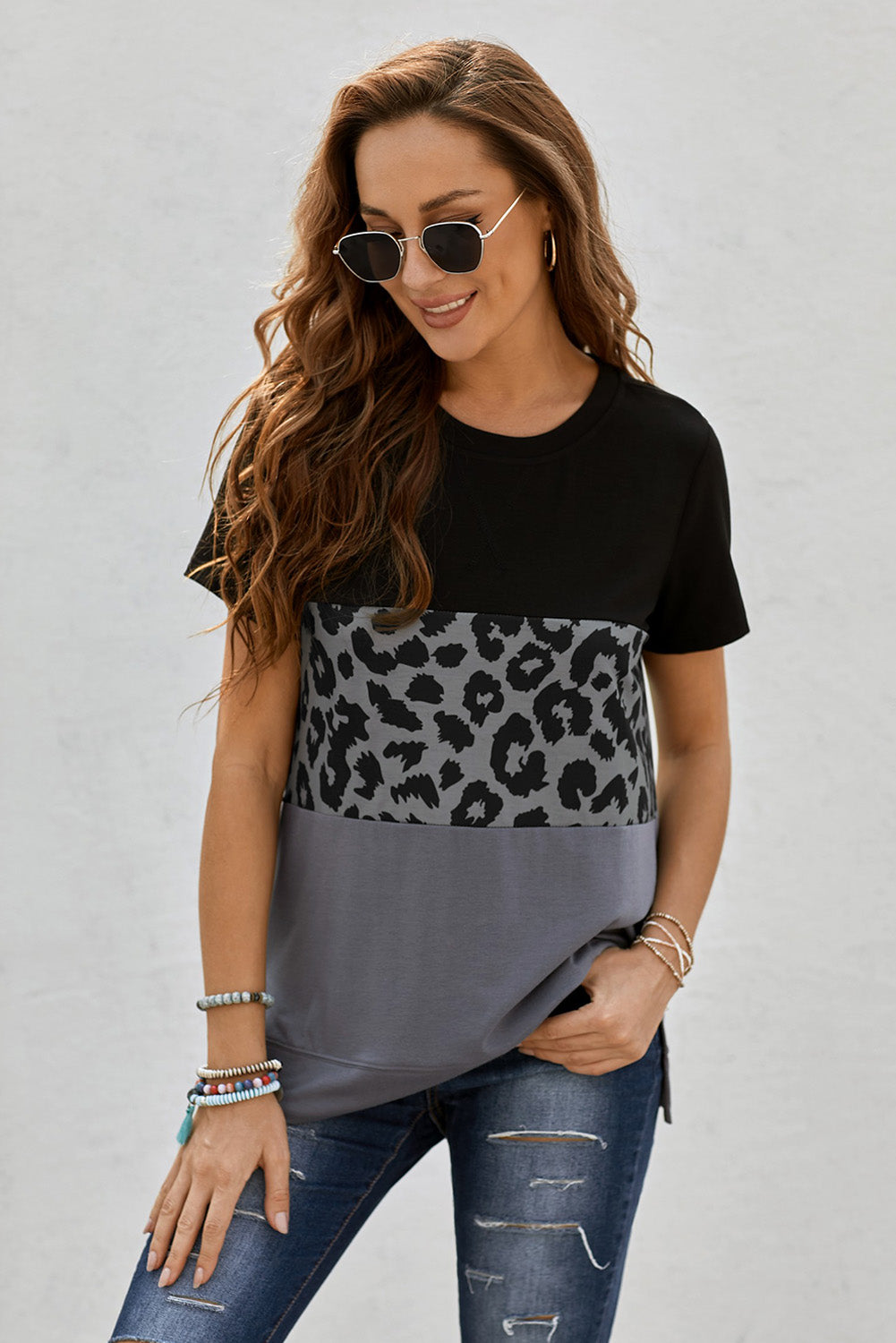 Leopard Print Color Block Short Sleeve T-Shirt