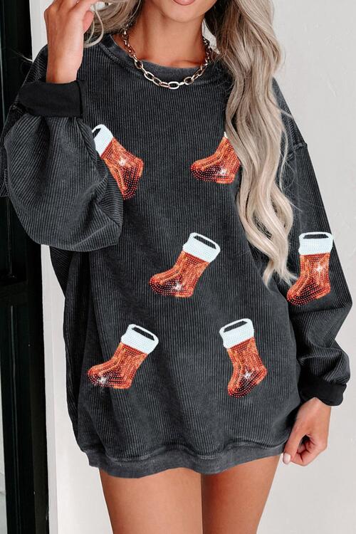 Sequin Christmas Boot Round Neck Sweatshirt