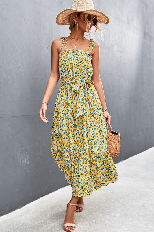 Floral Tie-Shoulder Belted Dress