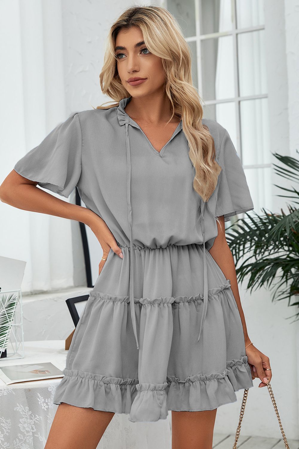 Tie Neck Frill Trim Short Sleeve Mini Dress