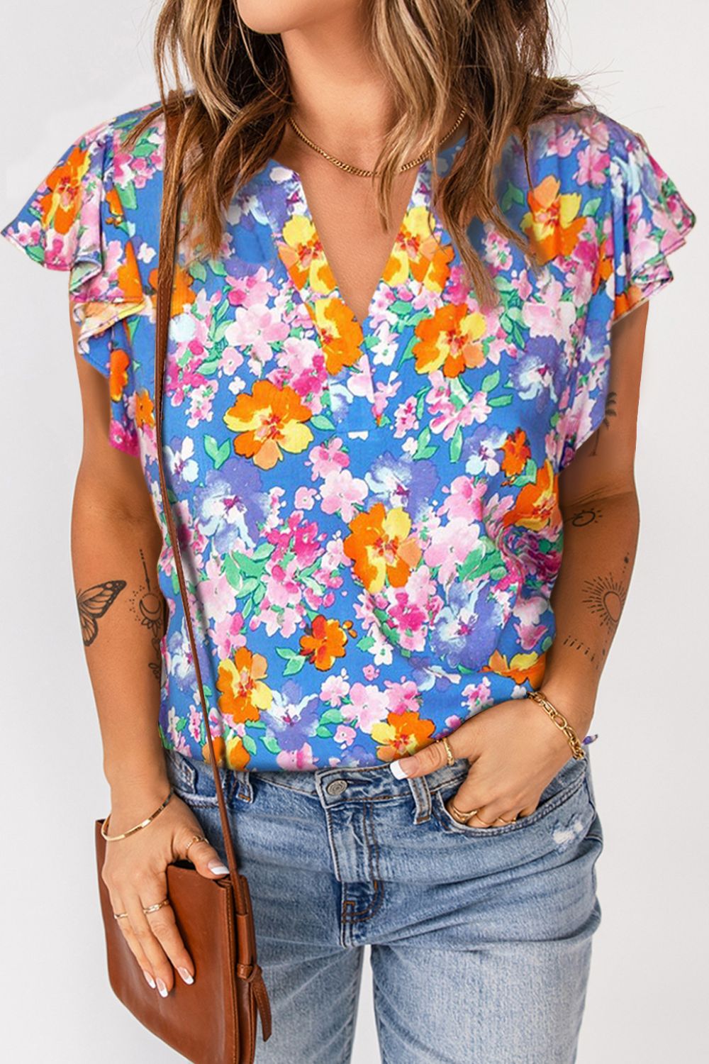 Floral Notched Neck Flutter Sleeve Blouse