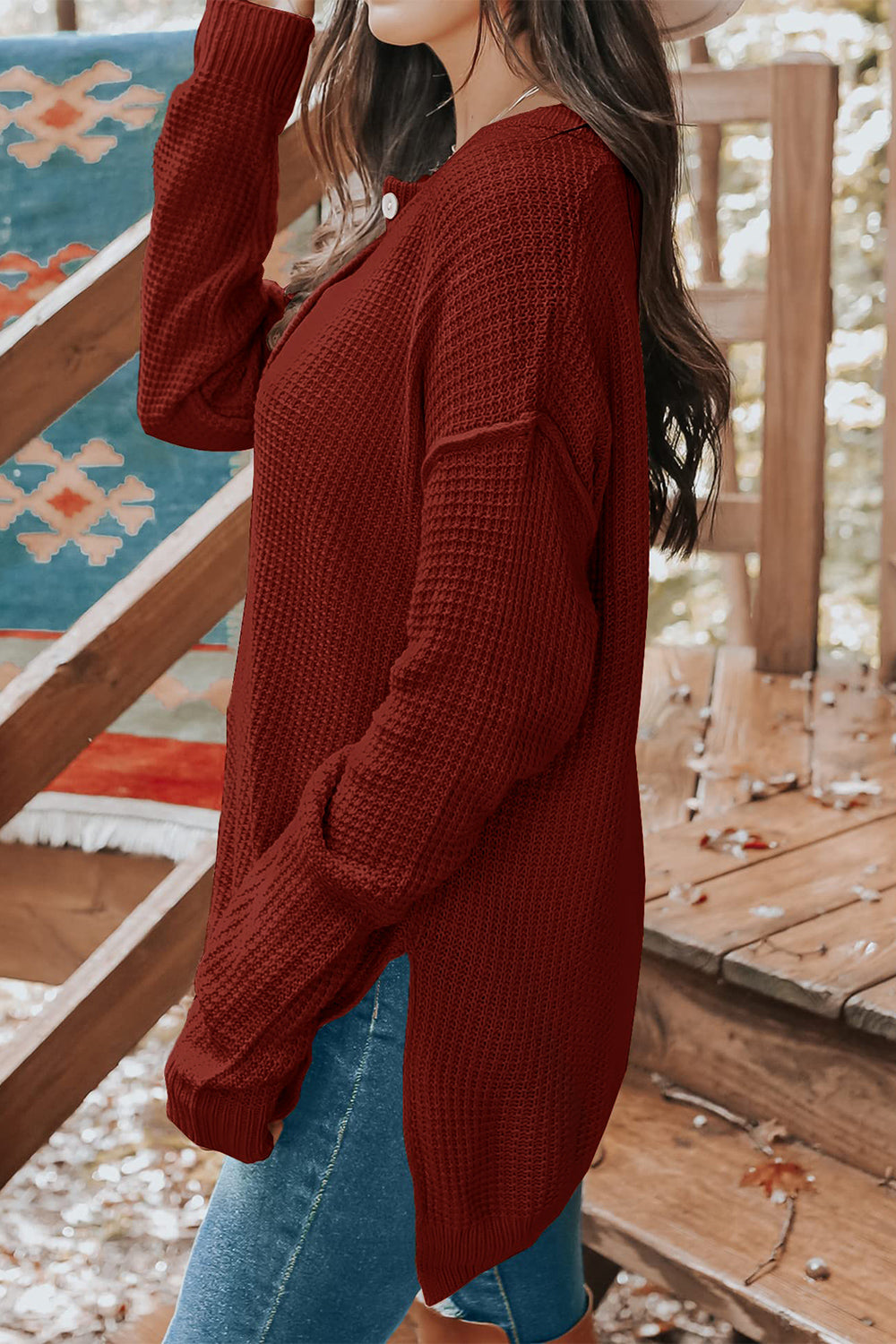 Waffle-Knit Dropped Shoulder Buttoned Sweater