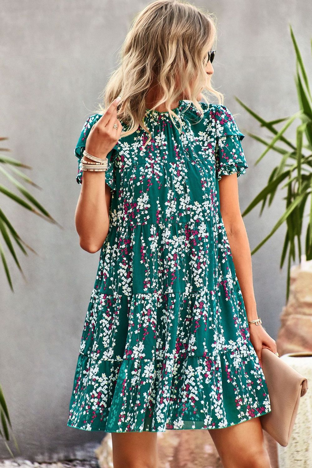 Floral Layered Flutter Sleeve Dress