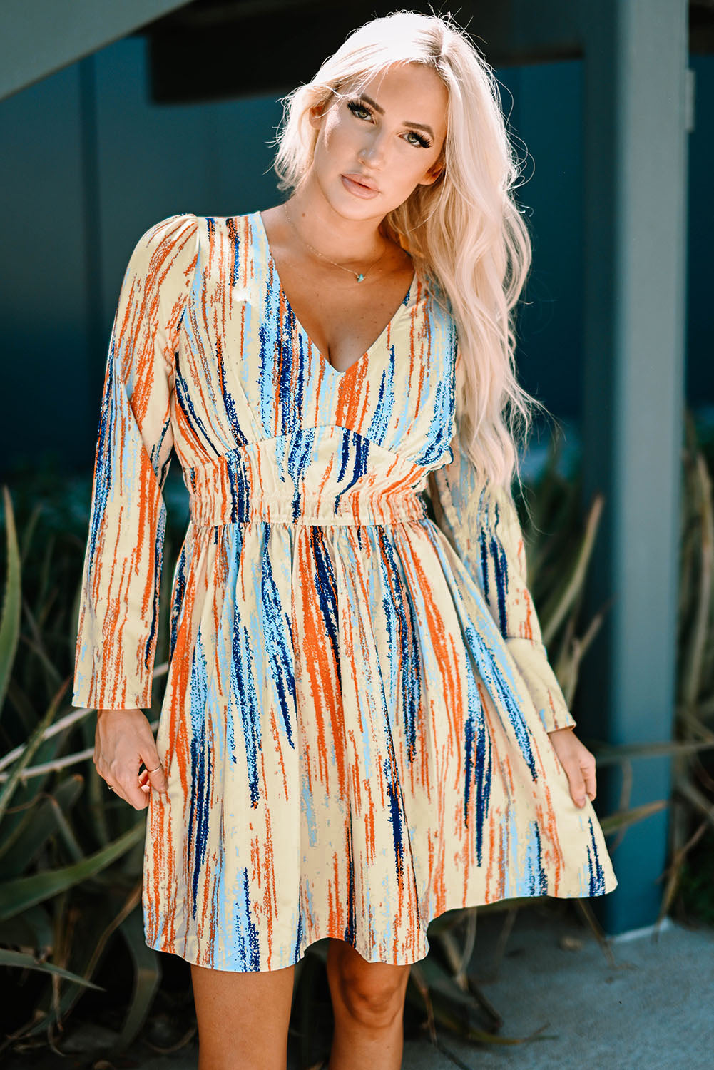 Printed V-Neck Long Sleeve Mini Dress