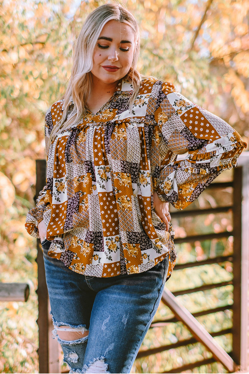 Plus Size Patchwork Balloon Sleeve Blouse