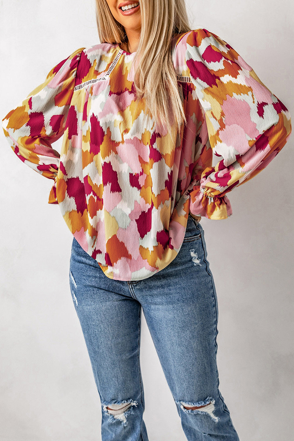 Printed Flounce Sleeve Buttoned Blouse