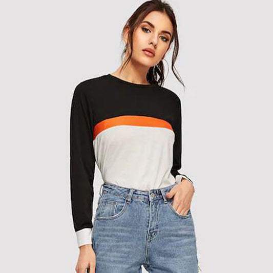 Color Block Round Neck Long Sleeve Tee