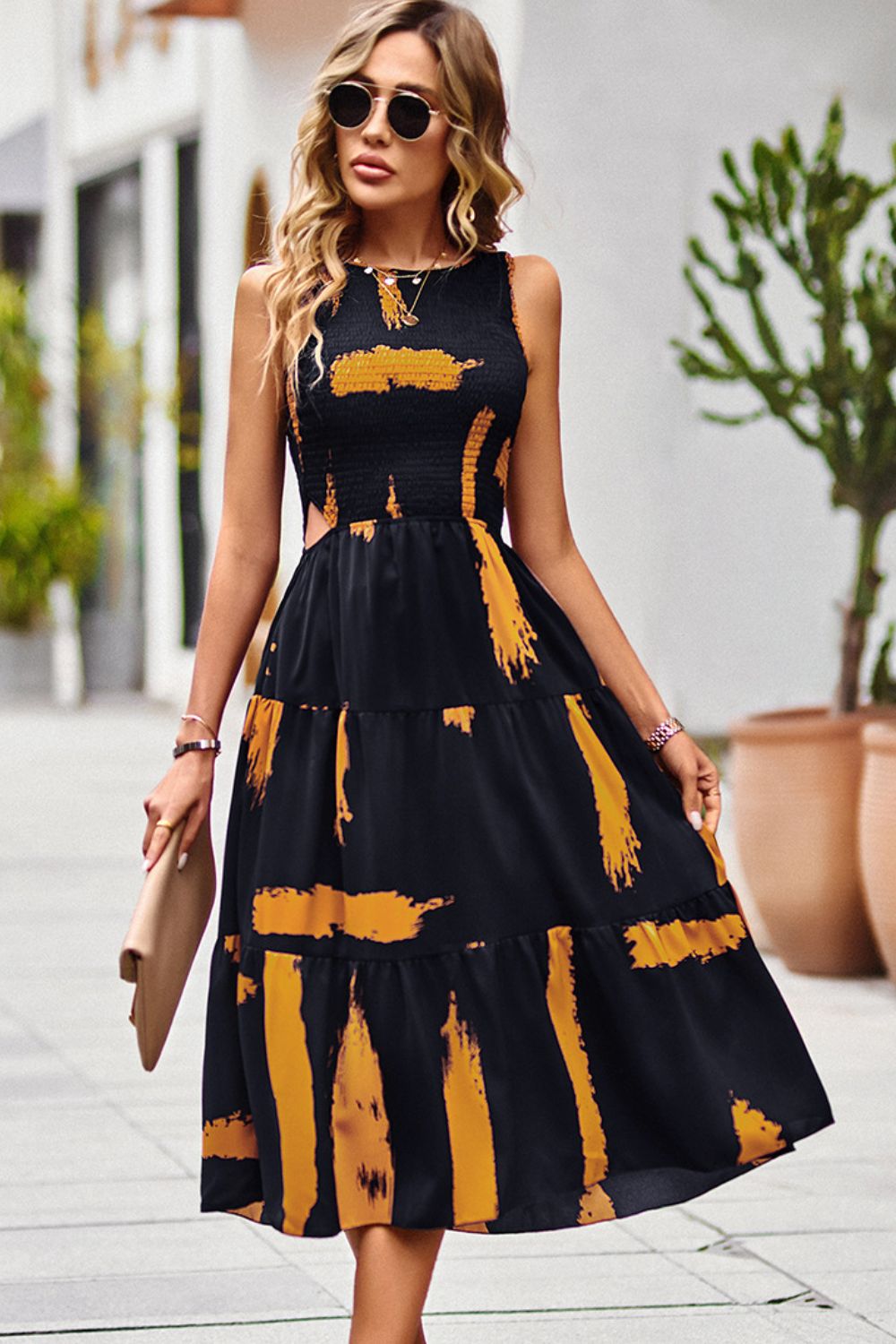 Printed Round Neck Slit Sleeveless Dress