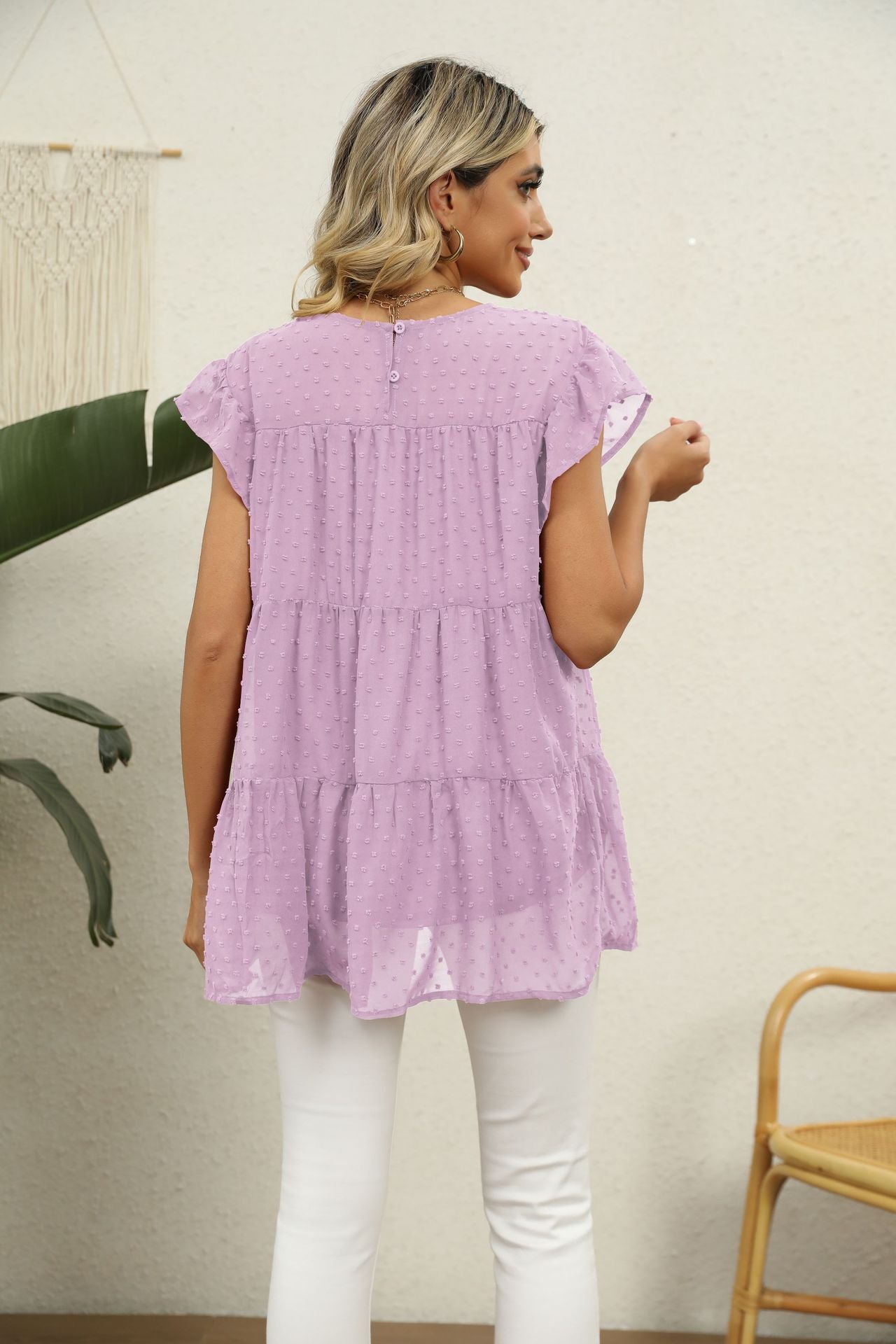 Swiss Dot Round Neck Tiered Blouse