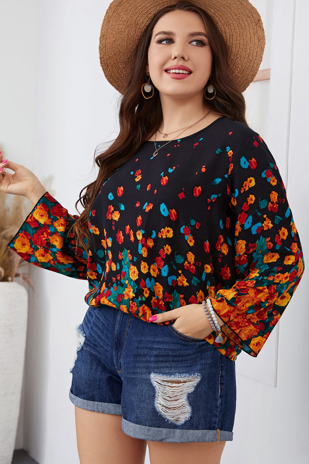 Plus Size Floral Round Neck Long Sleeve Blouse