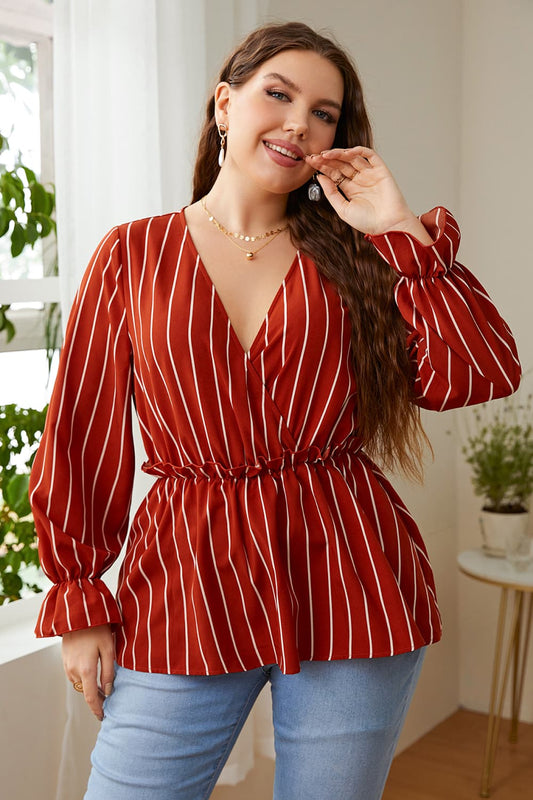 Melo Apparel Plus Size V-Neck Frill Trim Blouse