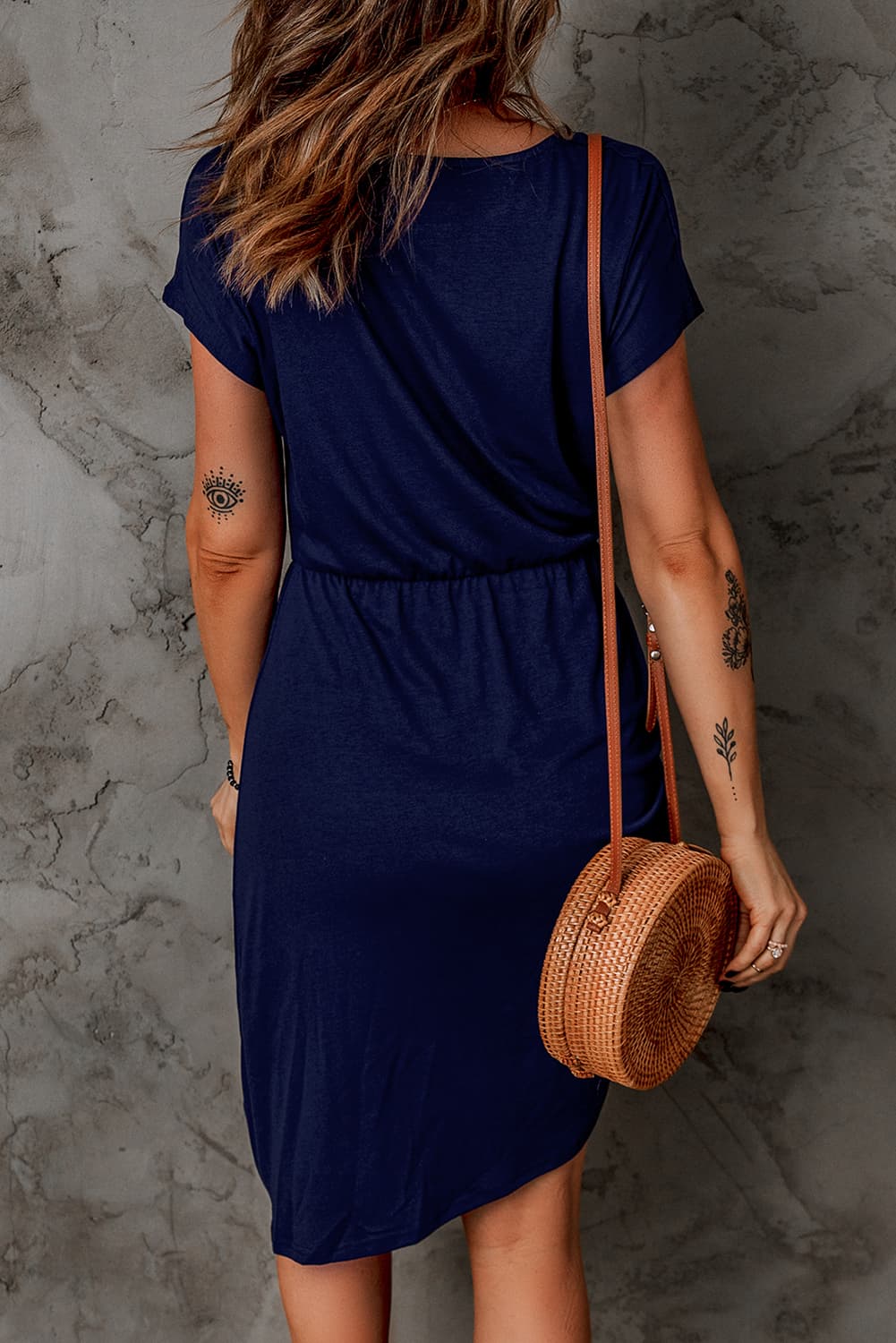 Short Sleeve Ruched Asymmetrical Hem Dress