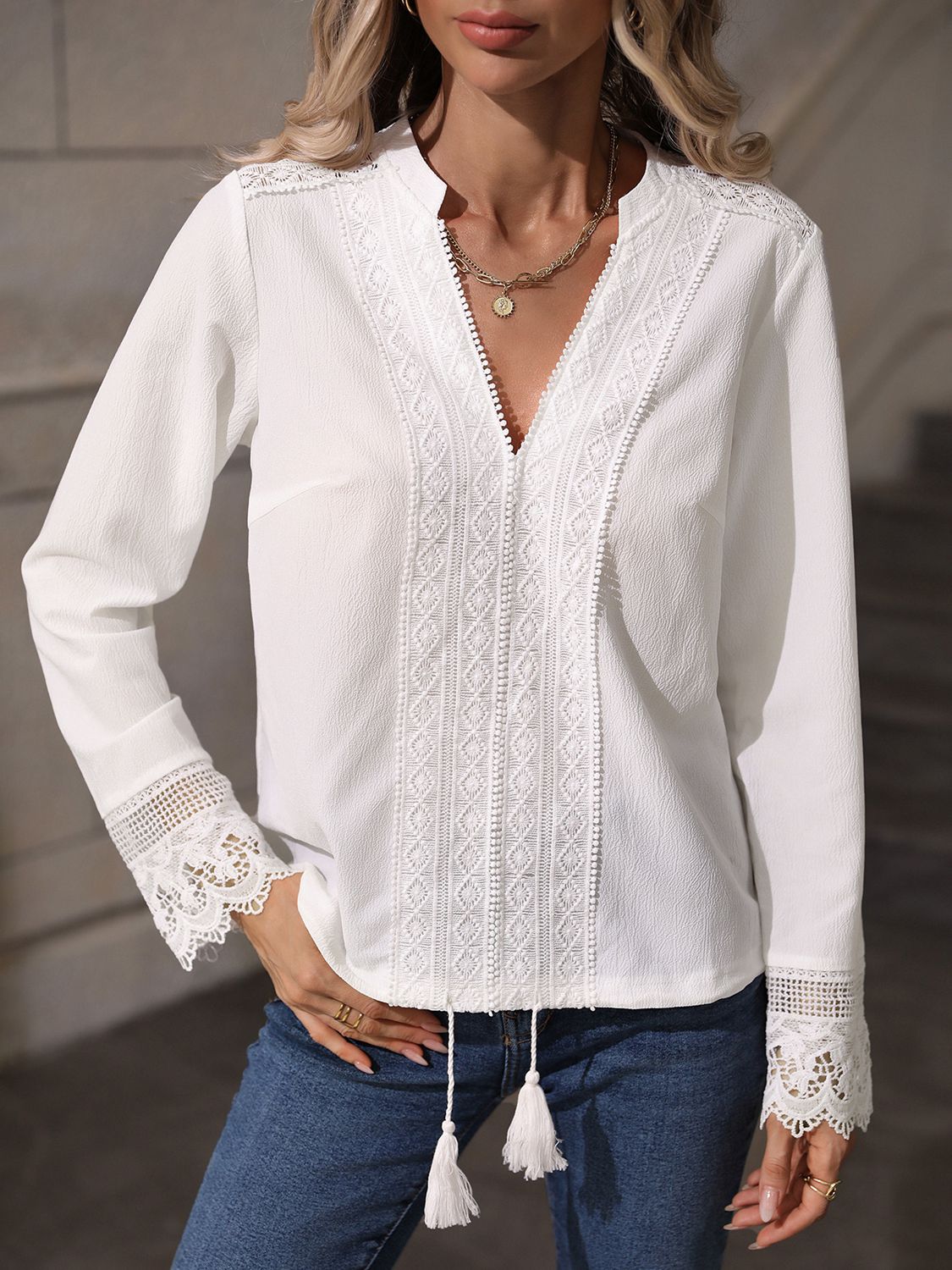 V-Neck Long Sleeve Lace Trim Blouse