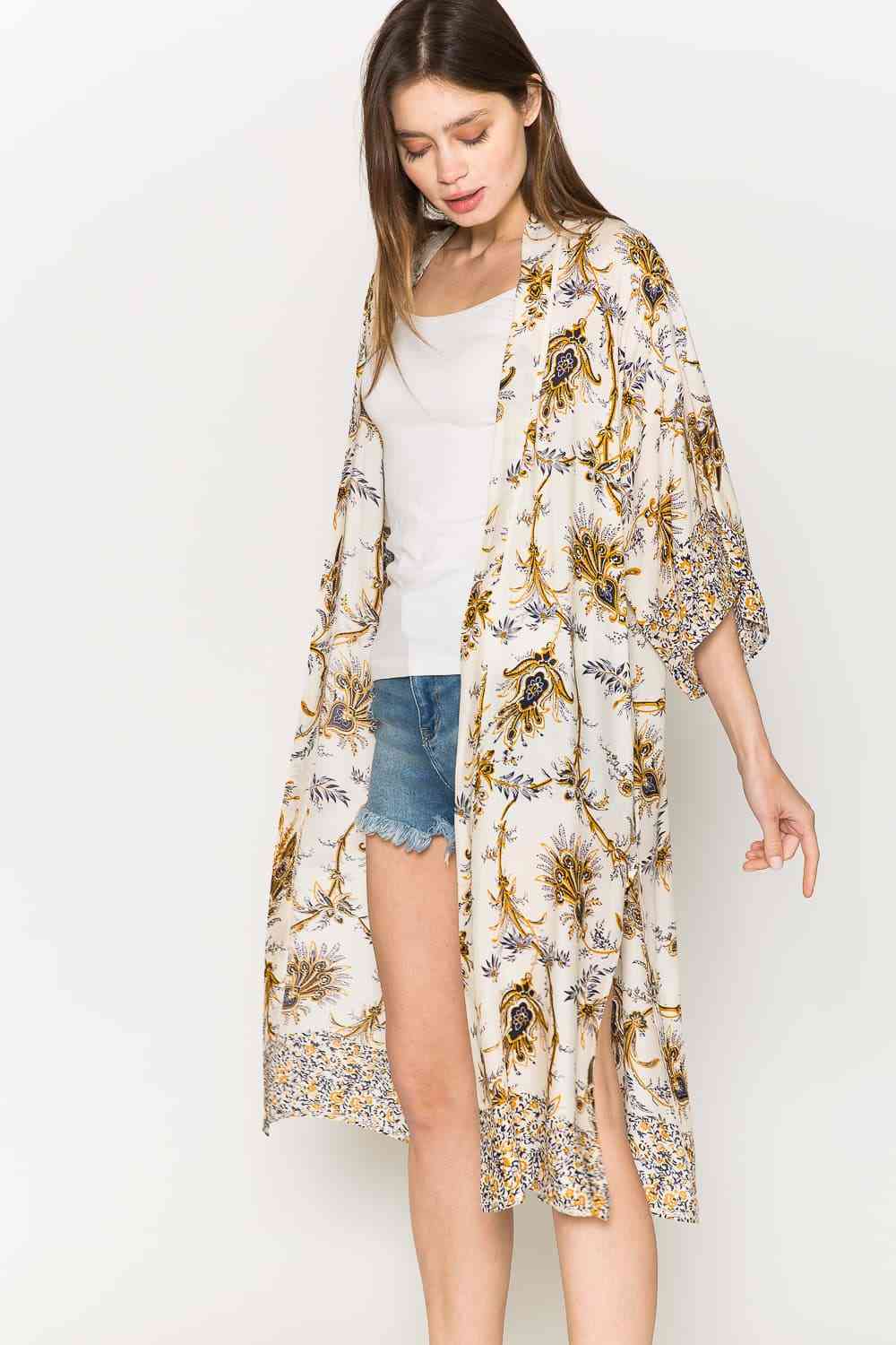 Justin Taylor Floral Open Front Slit Duster Cardigan