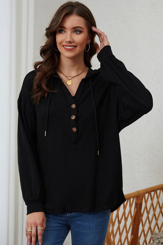 Full Size Buttoned Drop Shoulder High-Low Hoodie