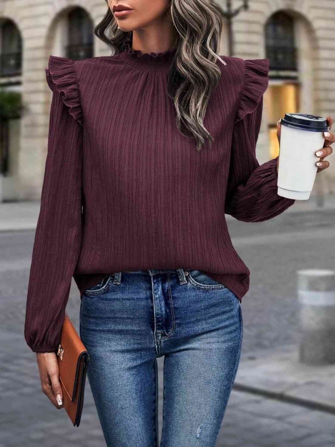 Mock Neck Ruffle Shoulder Blouse