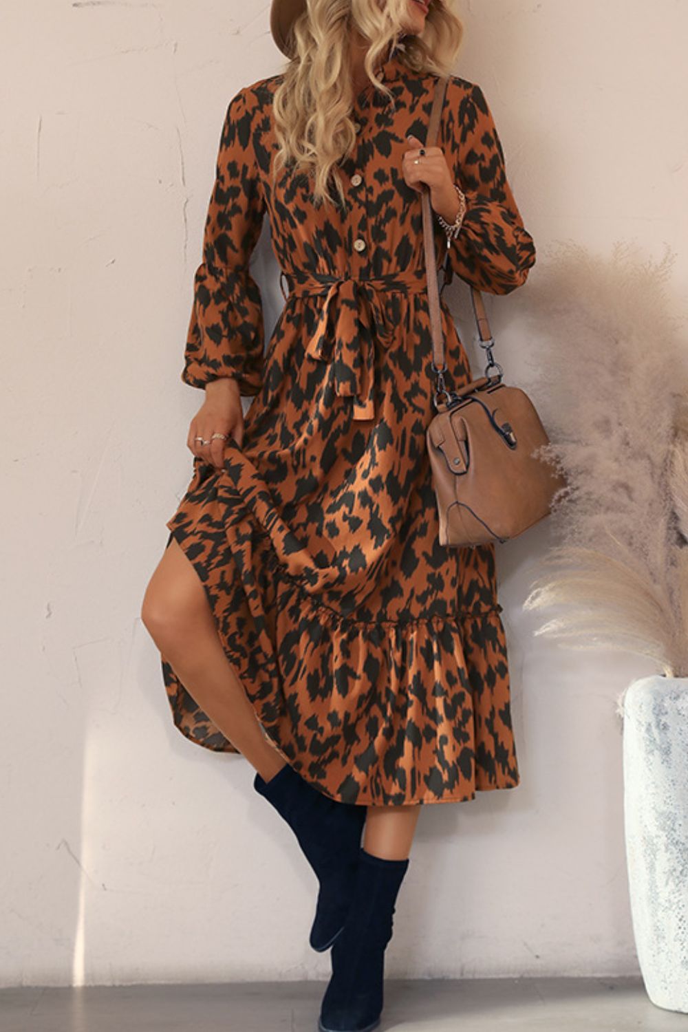 Printed Bubble Sleeve Buttoned Shirt Dress