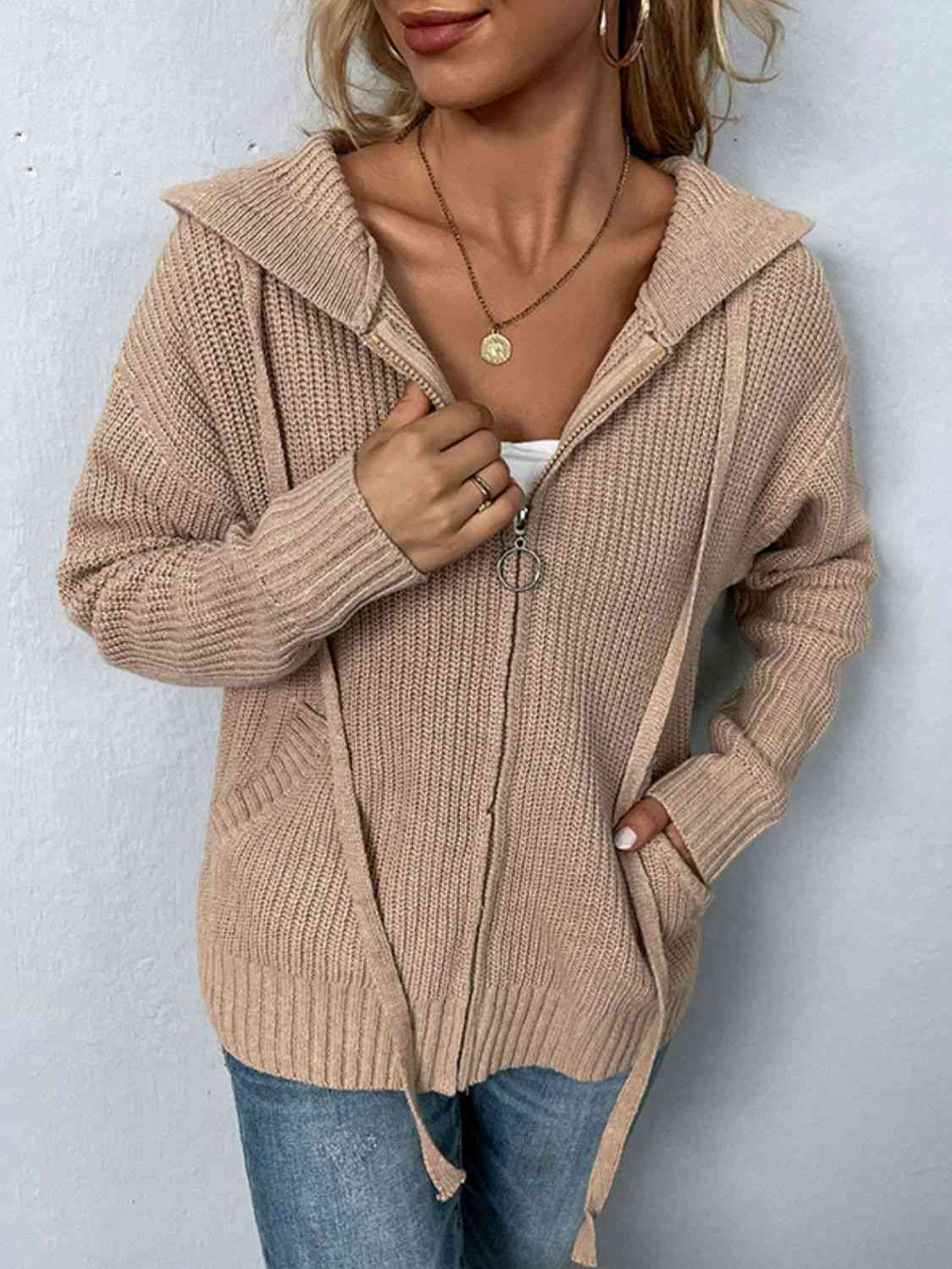 Zip-Up Drawstring Detail Hooded Cardigan