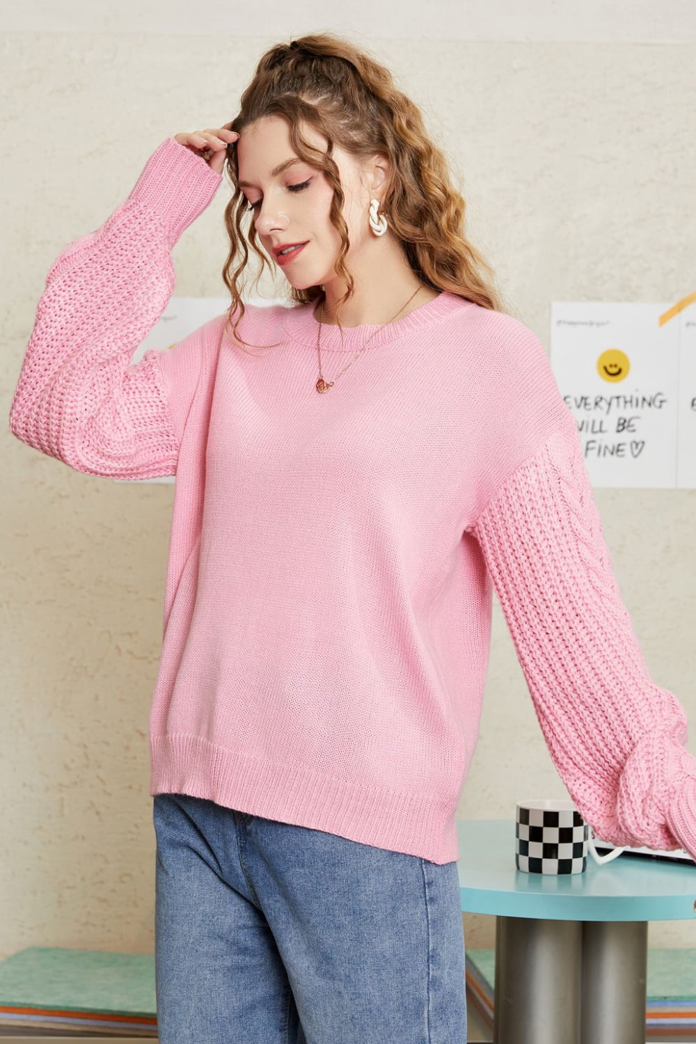 Round Neck Cable-Knit Dropped Shoulder Sweater