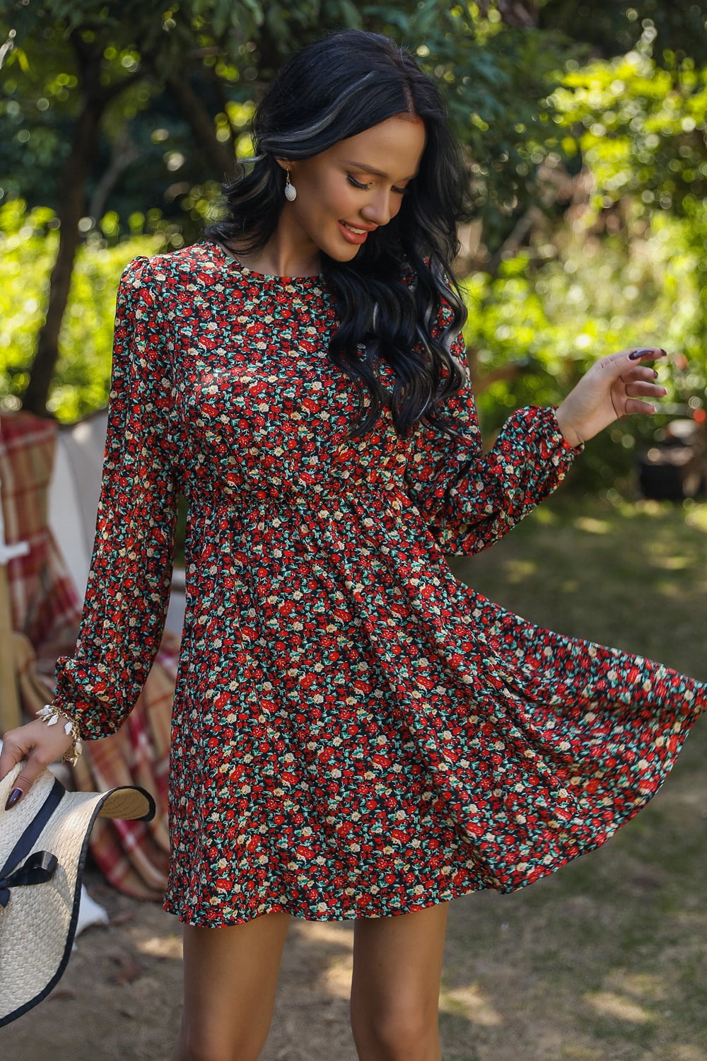 Printed Round Neck Long Sleeve Mini Dress