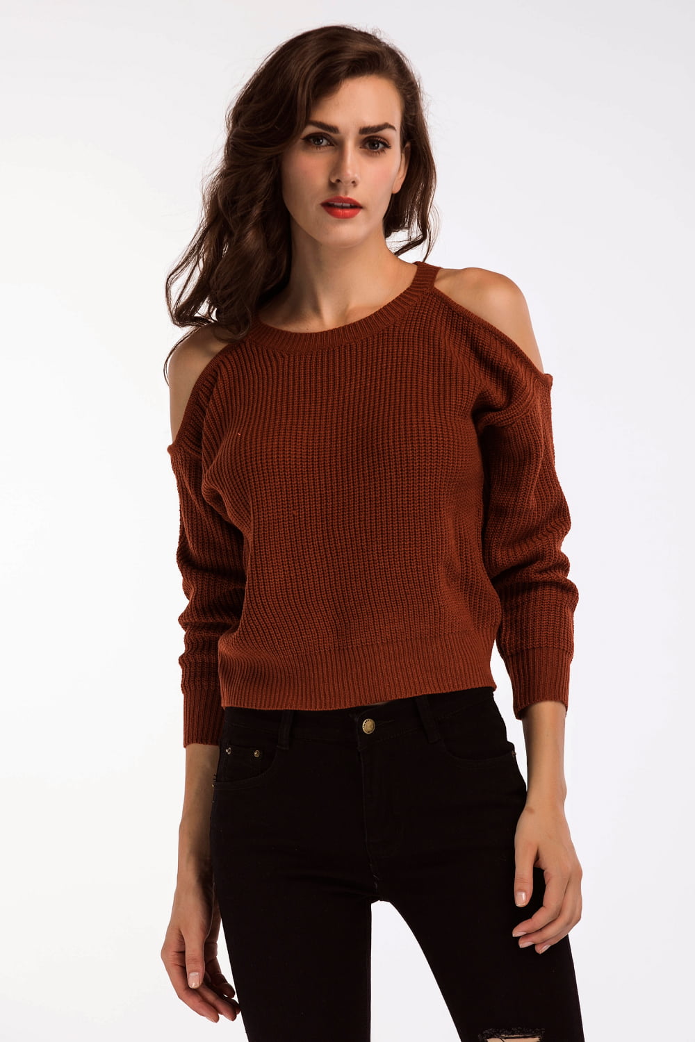 Double Take Round Neck Cold-Shoulder Ribbed Sweater