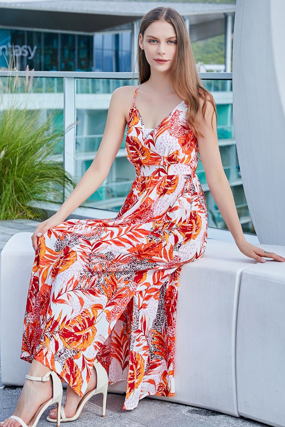 Printed V-Neck Spaghetti Straps Slit Midi Dress