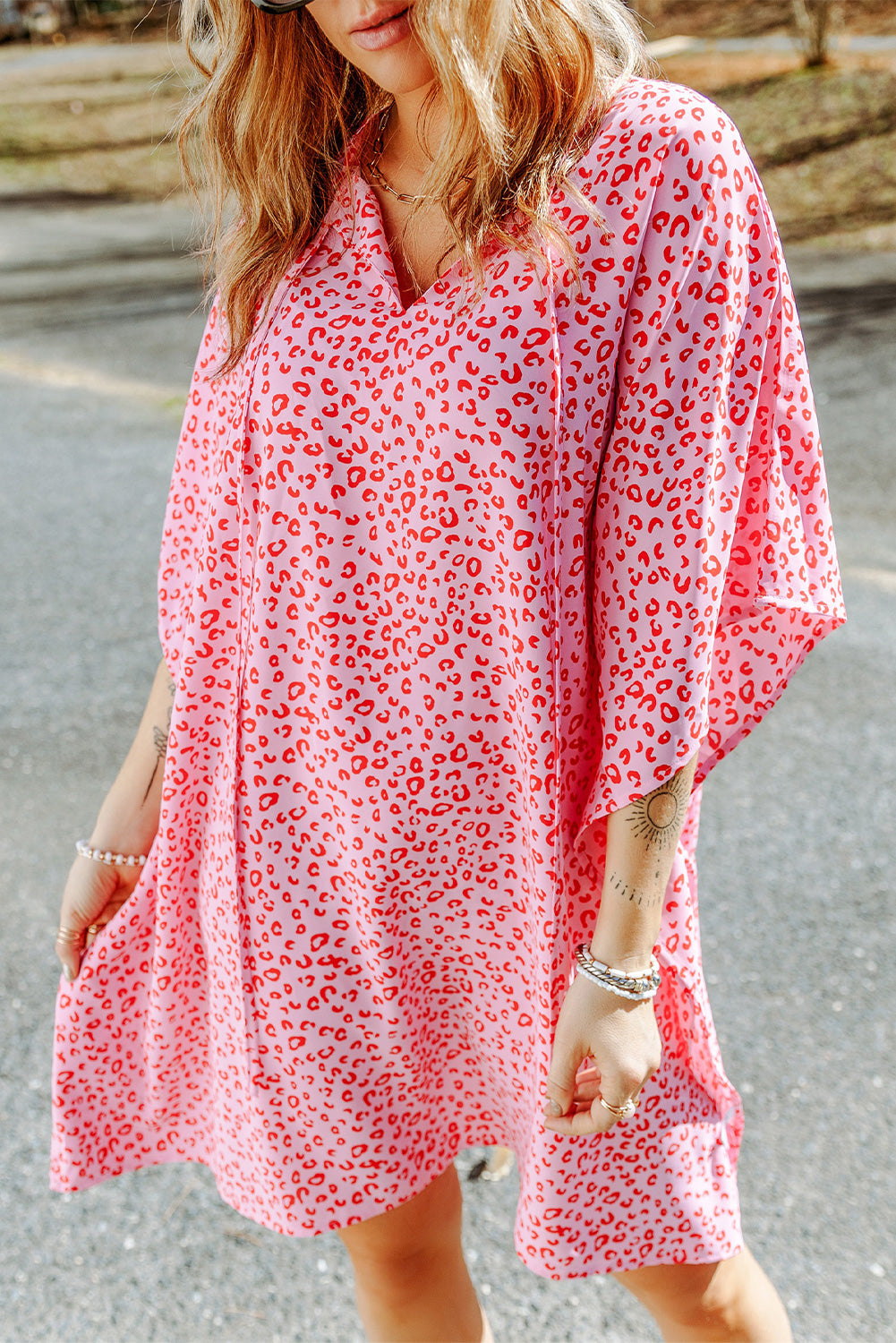 Leopard Print Tie Neck Dress