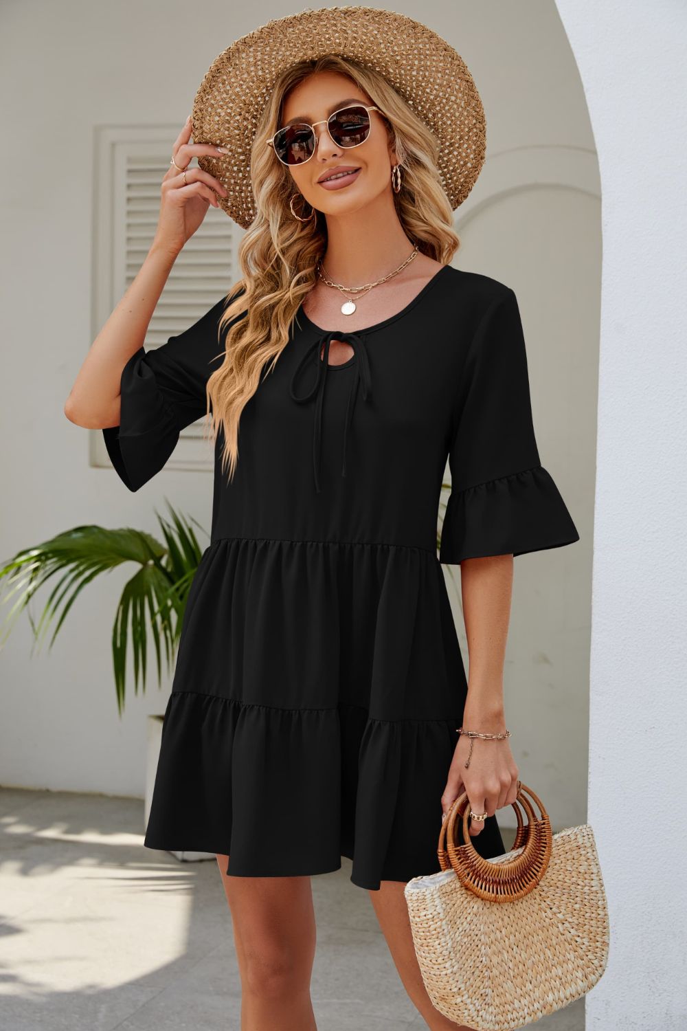 Tied Flounce Sleeve Mini Dress