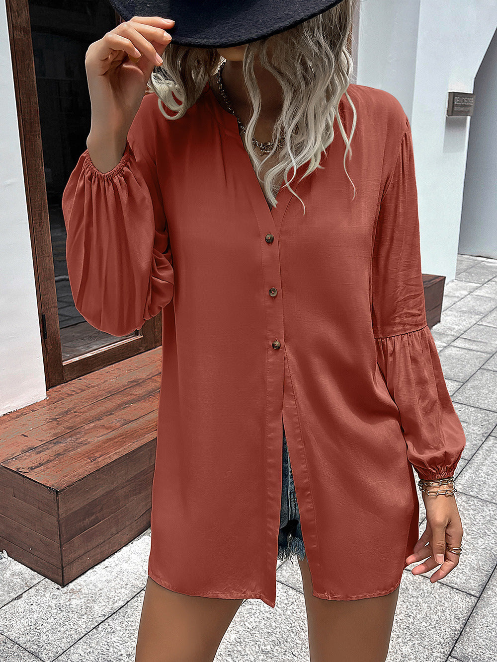 Double Take Notched Neck Balloon Sleeve Shirt