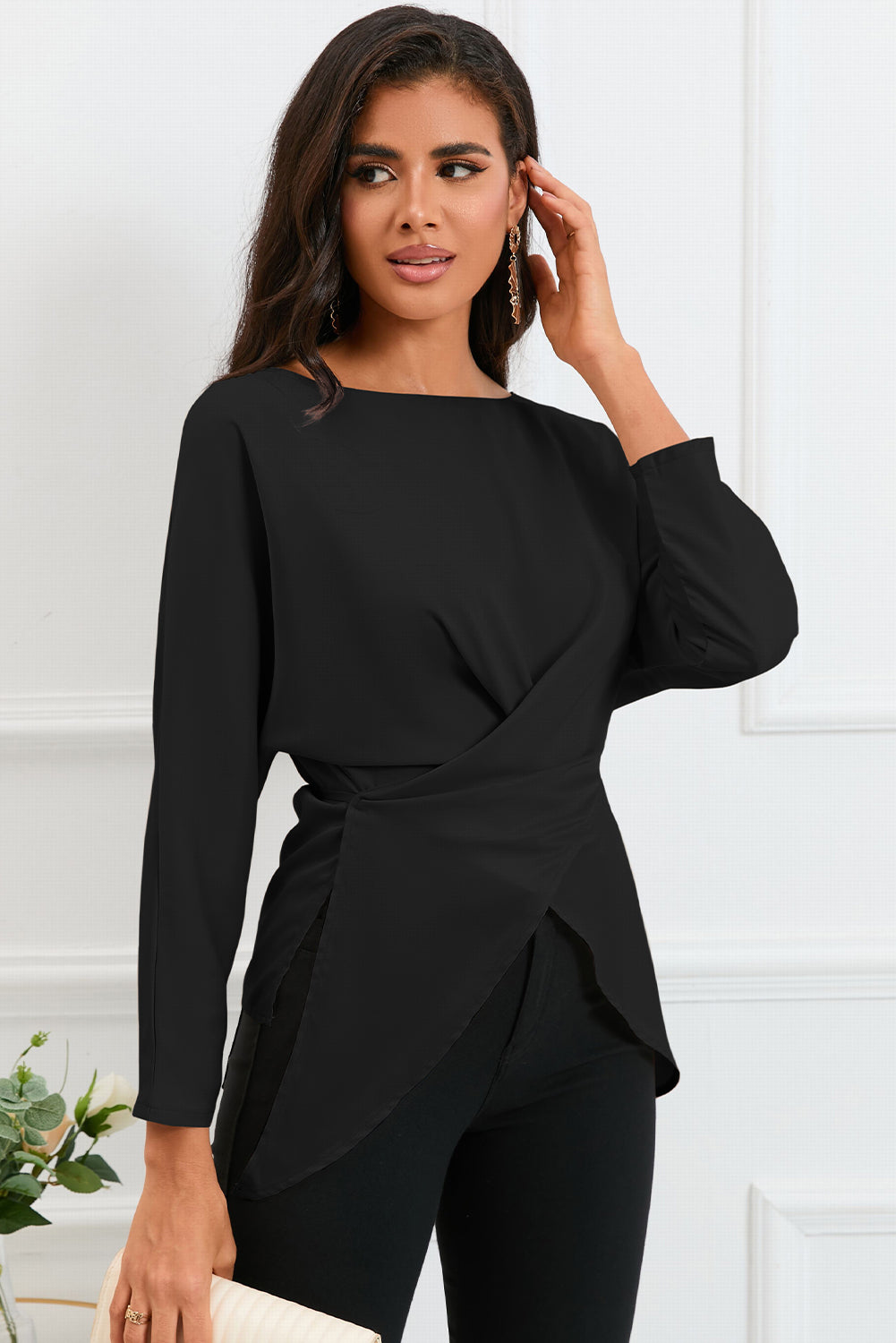 Boat Neck Back Tie Long Sleeve Satin Blouse