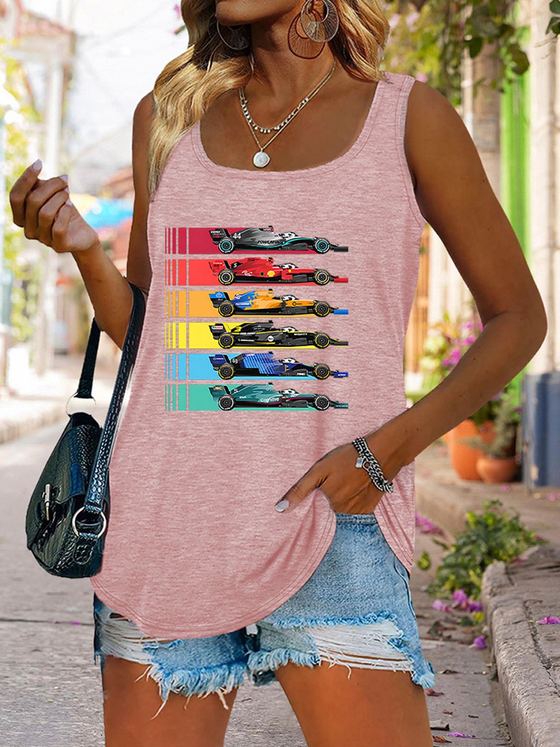 Scoop Neck Race Car Graphic Tank Top